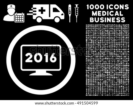 2016 Display icon with 1000 medical commercial white vector design elements. Set style is flat symbols, black background.