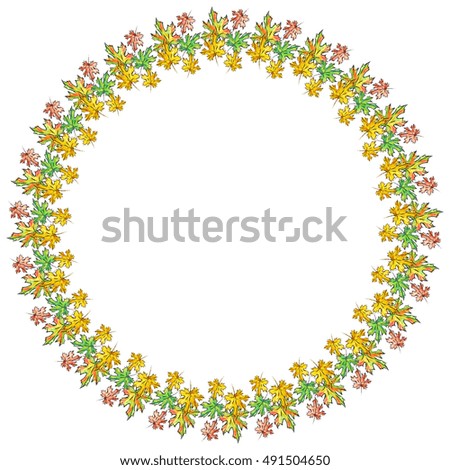 Hand drawn watercolor round garland with maple leaves. Autumn wreath. Copy space. Raster illustration.