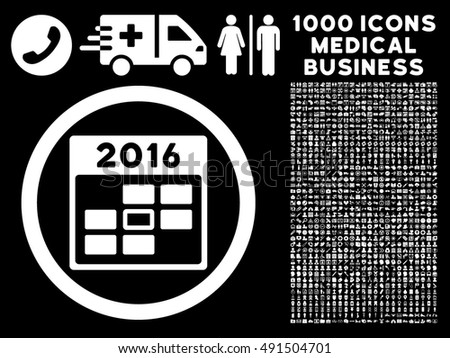 2016 Calendar Day icon with 1000 medical commerce white vector pictographs. Set style is flat symbols, black background.