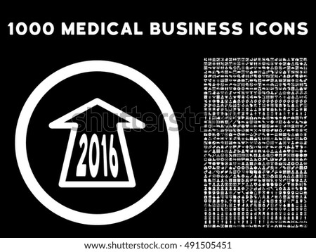 2016 Ahead Arrow icon with 1000 medical business white vector pictograms. Design style is flat symbols, black background.