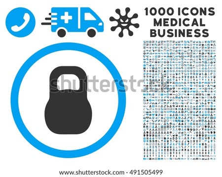 Weight Iron icon with 1000 medical commercial gray and blue glyph pictograms. Collection style is flat bicolor symbols, white background.