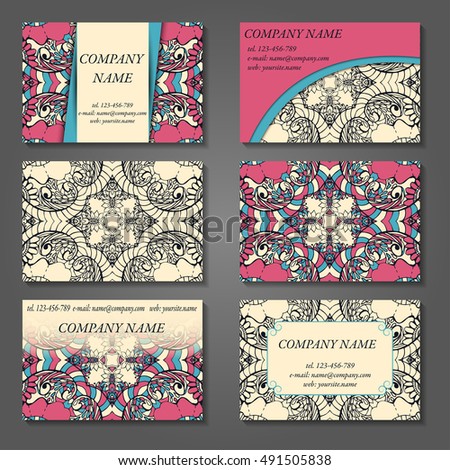 Set of stylish business card template. Abstract floral pattern and ornaments, ottoman motifs. Front and back page.
