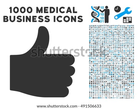 Thumb Up icon with 1000 medical business gray and blue glyph design elements. Collection style is flat bicolor symbols, white background.