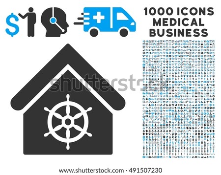 Steering Wheel House icon with 1000 medical business gray and blue glyph design elements. Collection style is flat bicolor symbols, white background.