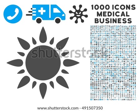 Sun icon with 1000 medical commerce gray and blue glyph pictographs. Design style is flat bicolor symbols, white background.