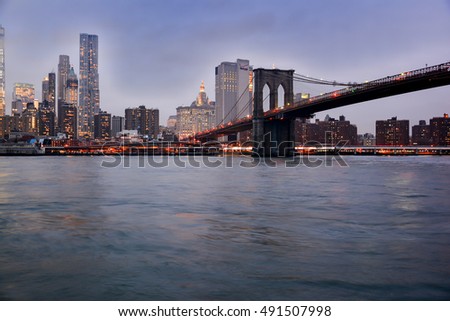 Brooklyn bridge at dusk, New York City, Skyline of downtown 