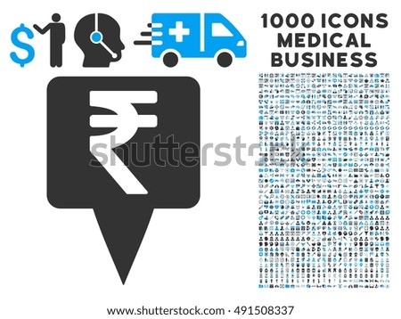 Rupee Map Pointer icon with 1000 medical business gray and blue glyph design elements. Design style is flat bicolor symbols, white background.