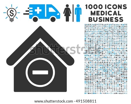 Remove Building icon with 1000 medical commerce gray and blue glyph design elements. Design style is flat bicolor symbols, white background.