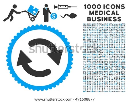 Refresh icon with 1000 medical business gray and blue glyph design elements. Collection style is flat bicolor symbols, white background.