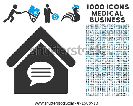 Realty Message icon with 1000 medical commerce gray and blue glyph design elements. Collection style is flat bicolor symbols, white background.