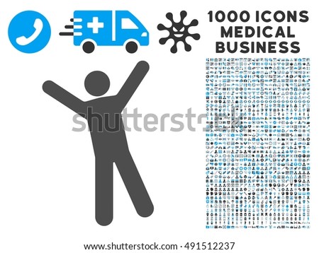 Man Joy icon with 1000 medical business gray and blue glyph design elements. Design style is flat bicolor symbols, white background.