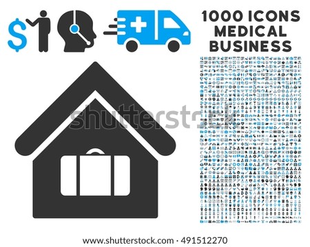 Luggage Room icon with 1000 medical business gray and blue glyph design elements. Collection style is flat bicolor symbols, white background.