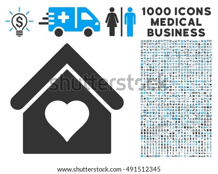 Love House icon with 1000 medical commercial gray and blue glyph pictographs. Clipart style is flat bicolor symbols, white background.