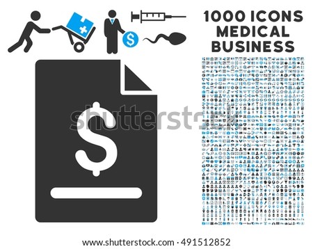Invoice Page icon with 1000 medical business gray and blue glyph pictographs. Design style is flat bicolor symbols, white background.
