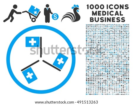 Hospital Flags icon with 1000 medical business gray and blue glyph pictographs. Collection style is flat bicolor symbols, white background.