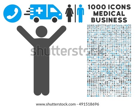 Happy Man icon with 1000 medical commercial gray and blue glyph pictographs. Set style is flat bicolor symbols, white background.