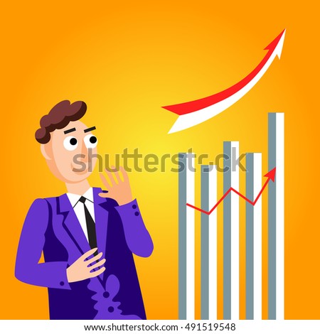 Successful businessman standing with arms folded next to bar chart stats showing business growth trend