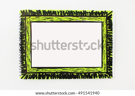 Frame border background empty notebook page with black acid green color abstract marker painted banner isolated on white Copyspace for text image picture advertising Planning creating writing concept