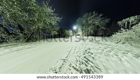 Bending road in the trees covered with frost and snow in the winter forest, stereographic panorama.