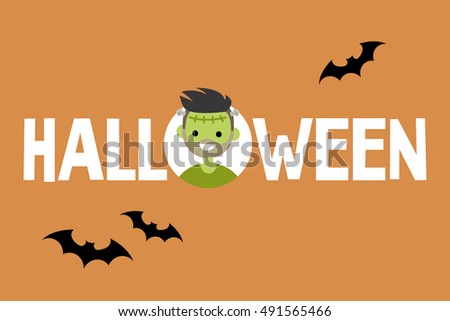 Halloween conceptual sign: Frankenstein and black silhouettes of bats / Flat editable vector illustration