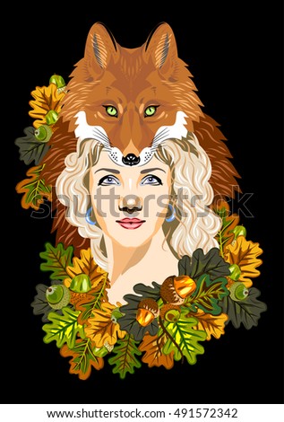 A girl in a headdress with a muzzle foxes in oak leaves