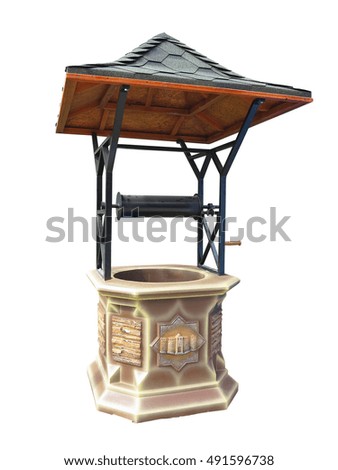 Traditional manual water well with metallic roof isolalted over white background
