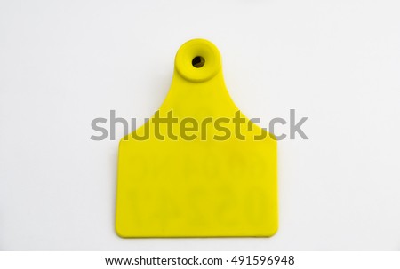 Isolated yellow animal ear tag on white background