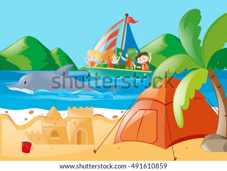 Kids on sailboat in the middle of the ocean illustration
