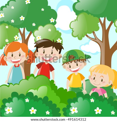 Four kids standing behind the bush illustration