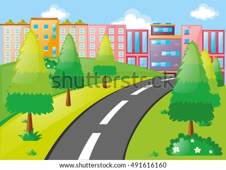 City scene with buildings and road illustration