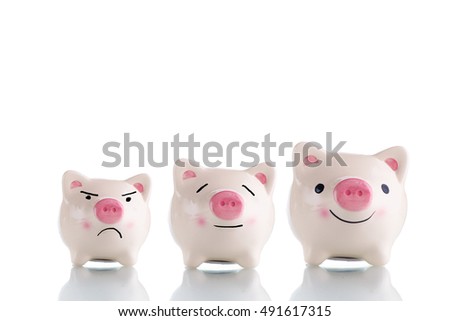Three white piggy bank with different size small, medium and large and different emotion sad, calm and happy - saving, emotional and investment
