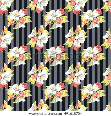 Vector Seamless Floral Pattern. Flower pattern with pink Lilies and blue wildflowers on a gray background with stripes. Vintage Background for your design: Fashion fabric, Wallpaper and etc.