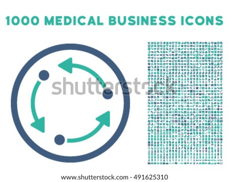 Rotate icon with 1000 medical commerce cobalt and cyan vector pictographs. Design style is flat bicolor symbols, white background.
