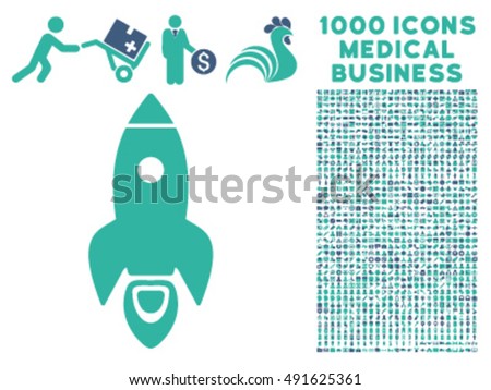 Rocket icon with 1000 medical commercial cobalt and cyan vector pictographs. Collection style is flat bicolor symbols, white background.