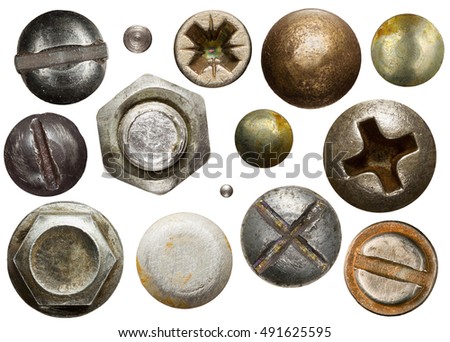 Screw heads, nuts, rivets isolated on white. Royalty-Free Stock Photo #491625595