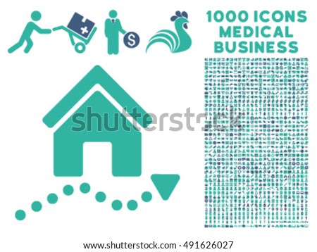 Realty Trend icon with 1000 medical commercial cobalt and cyan vector pictographs. Set style is flat bicolor symbols, white background.
