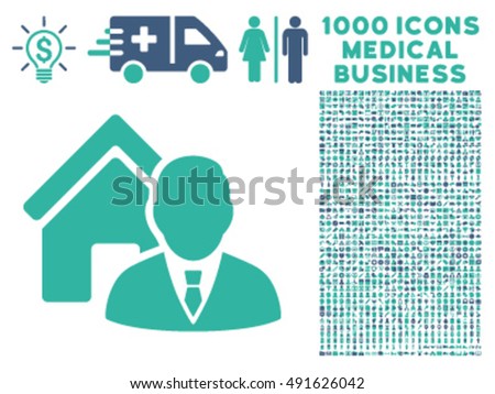 Realtor icon with 1000 medical commerce cobalt and cyan vector pictograms. Design style is flat bicolor symbols, white background.