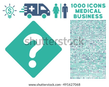 Question icon with 1000 medical commerce cobalt and cyan vector pictograms. Collection style is flat bicolor symbols, white background.