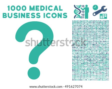 Question icon with 1000 medical business cobalt and cyan vector pictographs. Design style is flat bicolor symbols, white background.