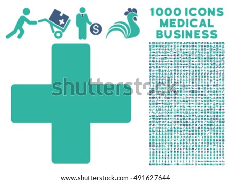 Plus icon with 1000 medical commerce cobalt and cyan vector pictographs. Set style is flat bicolor symbols, white background.