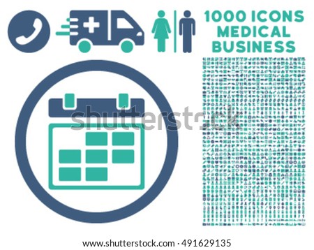 Month Calendar icon with 1000 medical commerce cobalt and cyan vector design elements. Design style is flat bicolor symbols, white background.