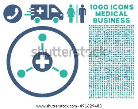 Medical Center icon with 1000 medical business cobalt and cyan vector pictograms. Clipart style is flat bicolor symbols, white background.