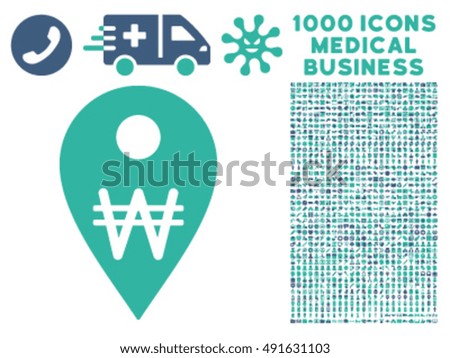 Korean Won Map Marker icon with 1000 medical commerce cobalt and cyan vector design elements. Clipart style is flat bicolor symbols, white background.