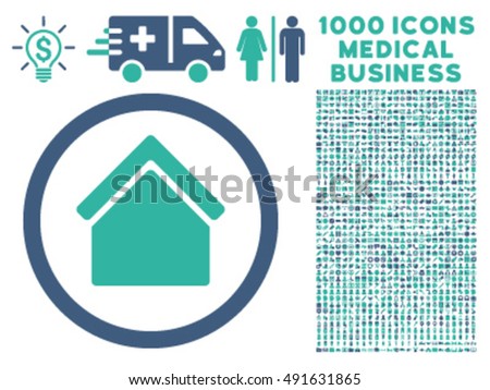 Home icon with 1000 medical commerce cobalt and cyan vector pictographs. Clipart style is flat bicolor symbols, white background.