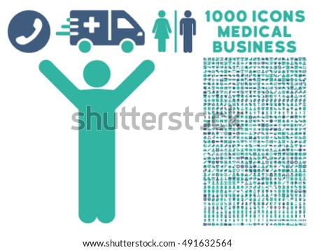 Happy Man icon with 1000 medical commerce cobalt and cyan vector pictograms. Clipart style is flat bicolor symbols, white background.
