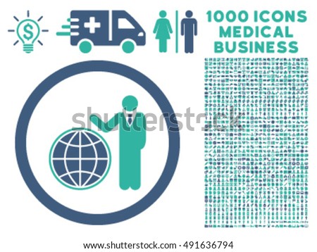 Global Manager icon with 1000 medical business cobalt and cyan vector pictograms. Clipart style is flat bicolor symbols, white background.