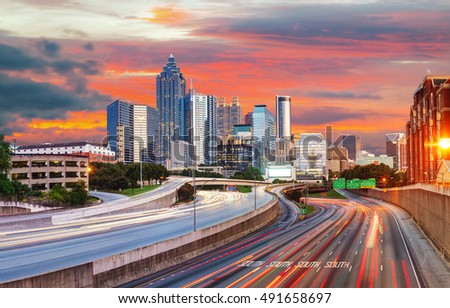 Panoramic overview of downtown Atlanta, Georgia at the sunset time