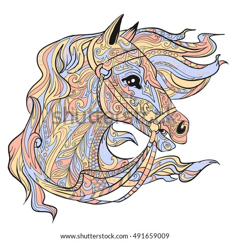 Hand drawn doodle horse face. Decorative coloring face, animal head. It can be used for print on t-shirt. Vector illustration.