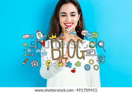 Blog concept with young woman on blue background Royalty-Free Stock Photo #491709415