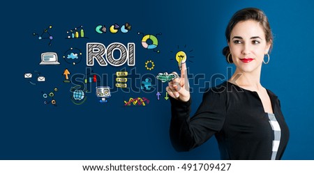 ROI concept with business woman on a dark blue background